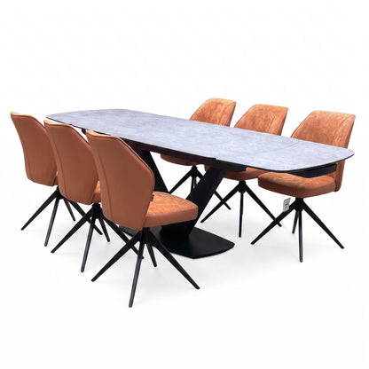 'Julio' Silver Ceramic Top 160cm Draw Leaf Extending Dining Table with Terracotta Orange Fabric Set of 6 Swivel Dining Chairs