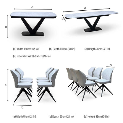 'Julio' Silver Ceramic Top 160cm Draw Leaf Extending Dining Table with G5 Stone Grey Fabric Set of 6 Swivel Dining Chairs