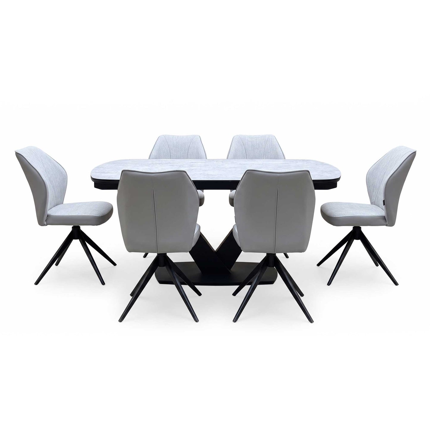 'Julio' Silver Ceramic Top 160cm Draw Leaf Extending Dining Table with G5 Stone Grey Fabric Set of 6 Swivel Dining Chairs