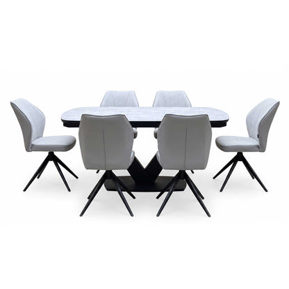 'Julio' Silver Ceramic Top 160cm Draw Leaf Extending Dining Table with G5 Stone Grey Fabric Set of 6 Swivel Dining Chairs