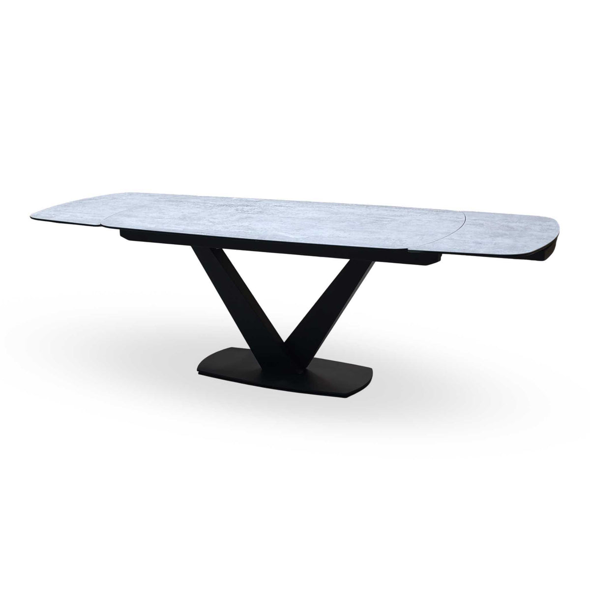 'Julio' Silver Ceramic Top 160cm Draw Leaf Extending Dining Table with G5 Stone Grey Fabric Set of 6 Swivel Dining Chairs