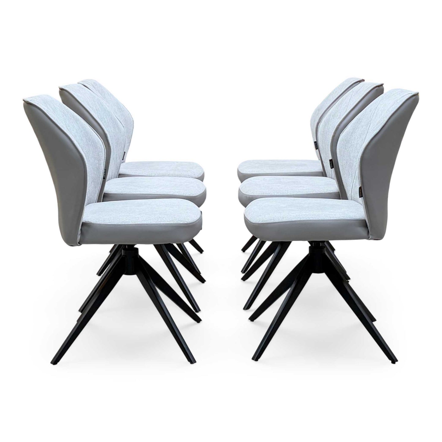 'Julio' Silver Ceramic Top 160cm Draw Leaf Extending Dining Table with G5 Stone Grey Fabric Set of 6 Swivel Dining Chairs