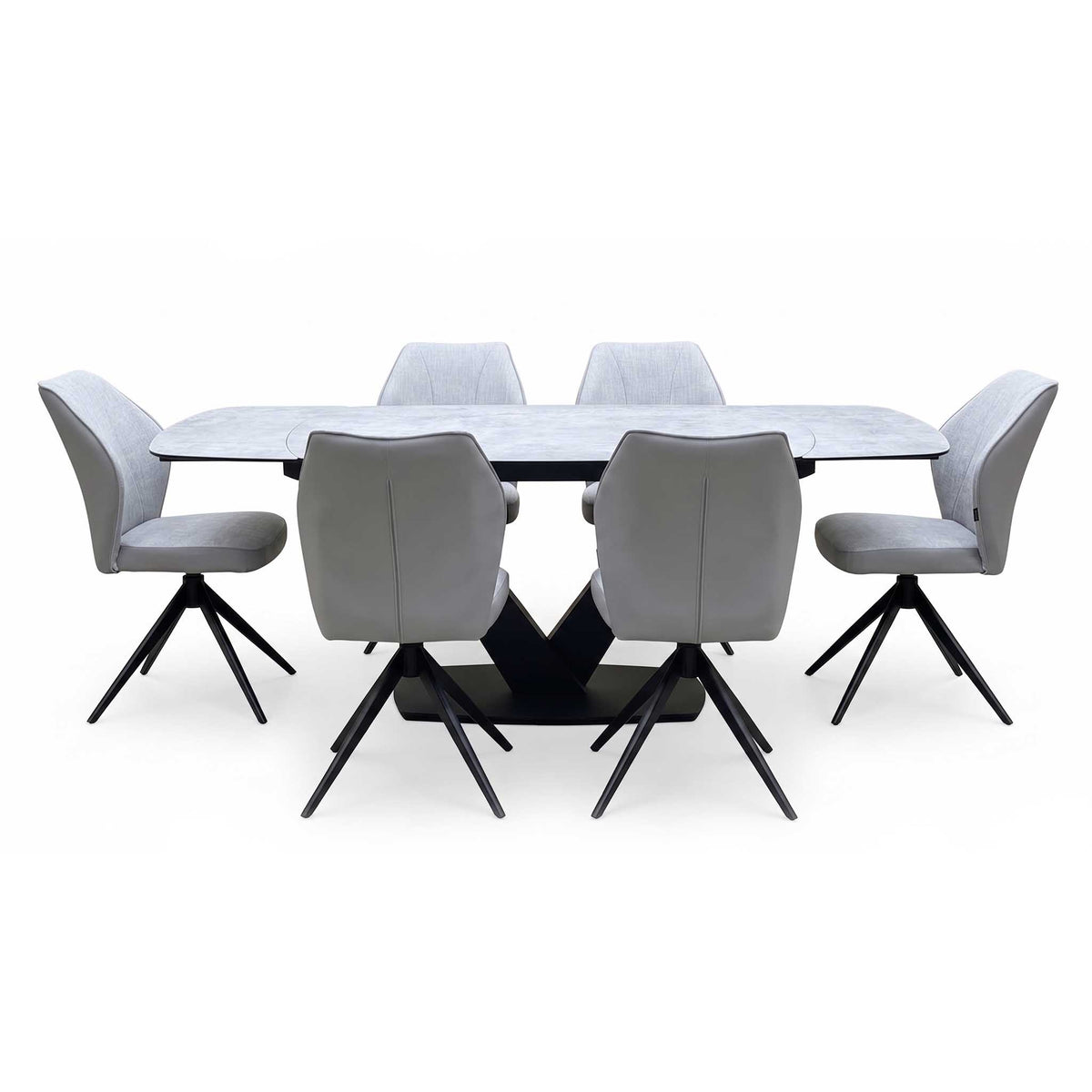 'Julio' Silver Ceramic Top 160cm Draw Leaf Extending Dining Table with G5 Stone Grey Fabric Set of 6 Swivel Dining Chairs