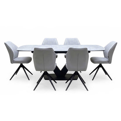 'Julio' Silver Ceramic Top 160cm Draw Leaf Extending Dining Table with G5 Stone Grey Fabric Set of 6 Swivel Dining Chairs