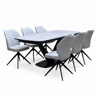 'Julio' Silver Ceramic Top 160cm Draw Leaf Extending Dining Table with G5 Stone Grey Fabric Set of 6 Swivel Dining Chairs