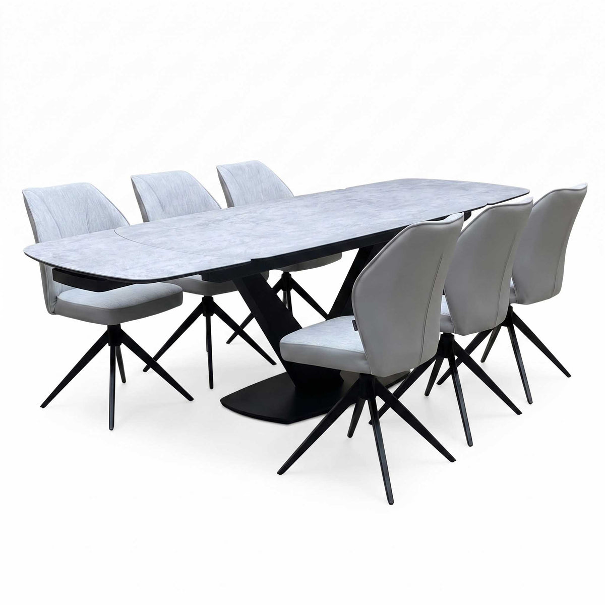 'Julio' Silver Ceramic Top 160cm Draw Leaf Extending Dining Table with G5 Stone Grey Fabric Set of 6 Swivel Dining Chairs