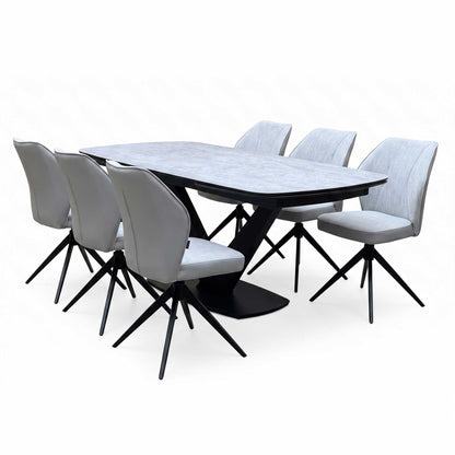 'Julio' Silver Ceramic Top 160cm Draw Leaf Extending Dining Table with G5 Stone Grey Fabric Set of 6 Swivel Dining Chairs