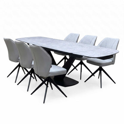'Julio' Silver Ceramic Top 160cm Draw Leaf Extending Dining Table with G5 Stone Grey Fabric Set of 6 Swivel Dining Chairs