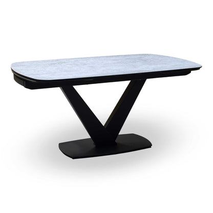 'Julio' Silver Ceramic Top 160cm Draw Leaf Extending Dining Table with G5 Stone Grey Fabric Set of 6 Swivel Dining Chairs