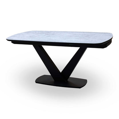 'Julio' Silver Ceramic Top 160cm Draw Leaf Extending Dining Table with G5 Stone Grey Fabric Set of 6 Swivel Dining Chairs