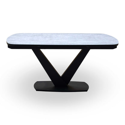 'Julio' Silver Ceramic Top 160cm Draw Leaf Extending Dining Table with G5 Stone Grey Fabric Set of 6 Swivel Dining Chairs