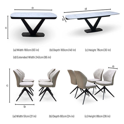 'Julio' Silver Ceramic Top 160cm Draw Leaf Extending Dining Table with Bc2 Cream Fabric Swivel Chairs x 4