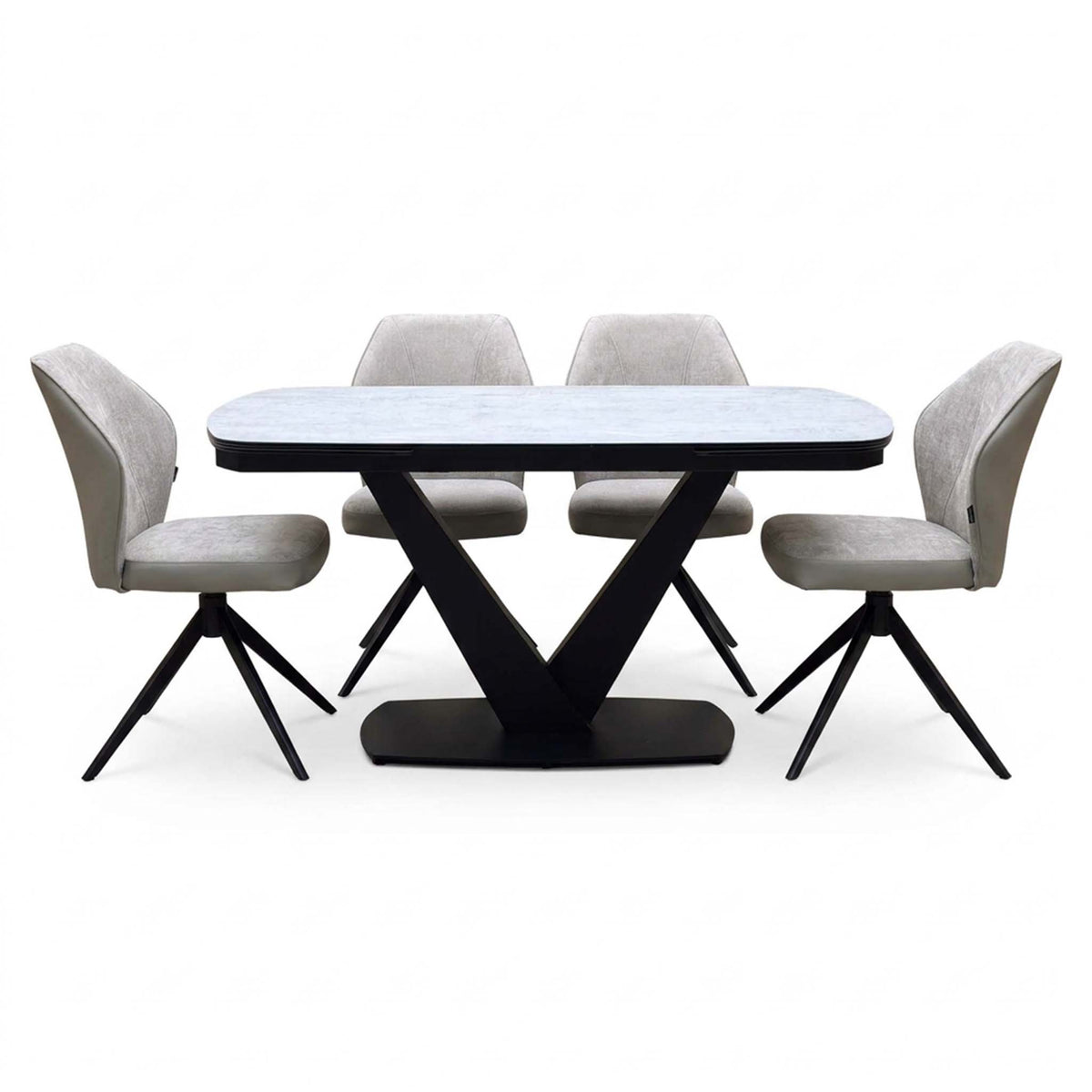 'Julio' Silver Ceramic Top 160cm Draw Leaf Extending Dining Table with Bc2 Cream Fabric Swivel Chairs x 4