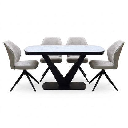 'Julio' Silver Ceramic Top 160cm Draw Leaf Extending Dining Table with Bc2 Cream Fabric Swivel Chairs x 4