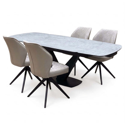 'Julio' Silver Ceramic Top 160cm Draw Leaf Extending Dining Table with Bc2 Cream Fabric Swivel Chairs x 4