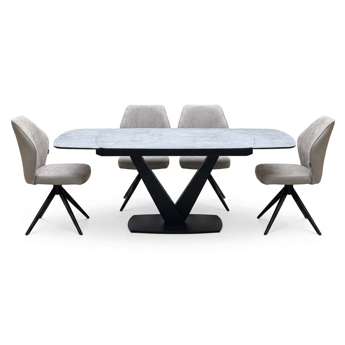 'Julio' Silver Ceramic Top 160cm Draw Leaf Extending Dining Table with Bc2 Cream Fabric Swivel Chairs x 4