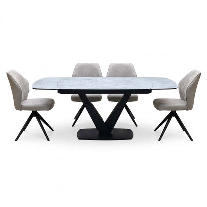 'Julio' Silver Ceramic Top 160cm Draw Leaf Extending Dining Table with Bc2 Cream Fabric Swivel Chairs x 4