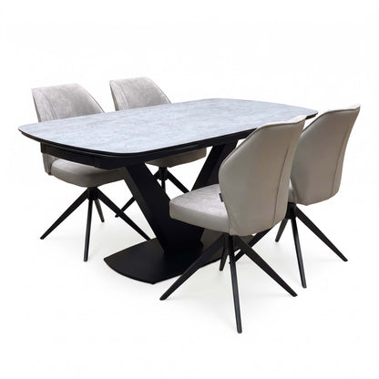 'Julio' Silver Ceramic Top 160cm Draw Leaf Extending Dining Table with Bc2 Cream Fabric Swivel Chairs x 4