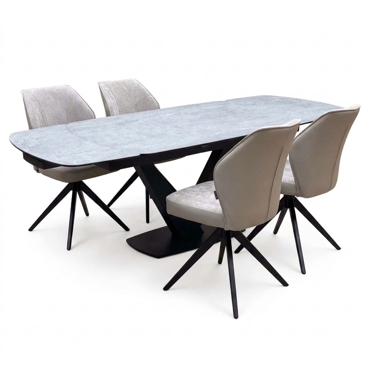 'Julio' Silver Ceramic Top 160cm Draw Leaf Extending Dining Table with Bc2 Cream Fabric Swivel Chairs x 4