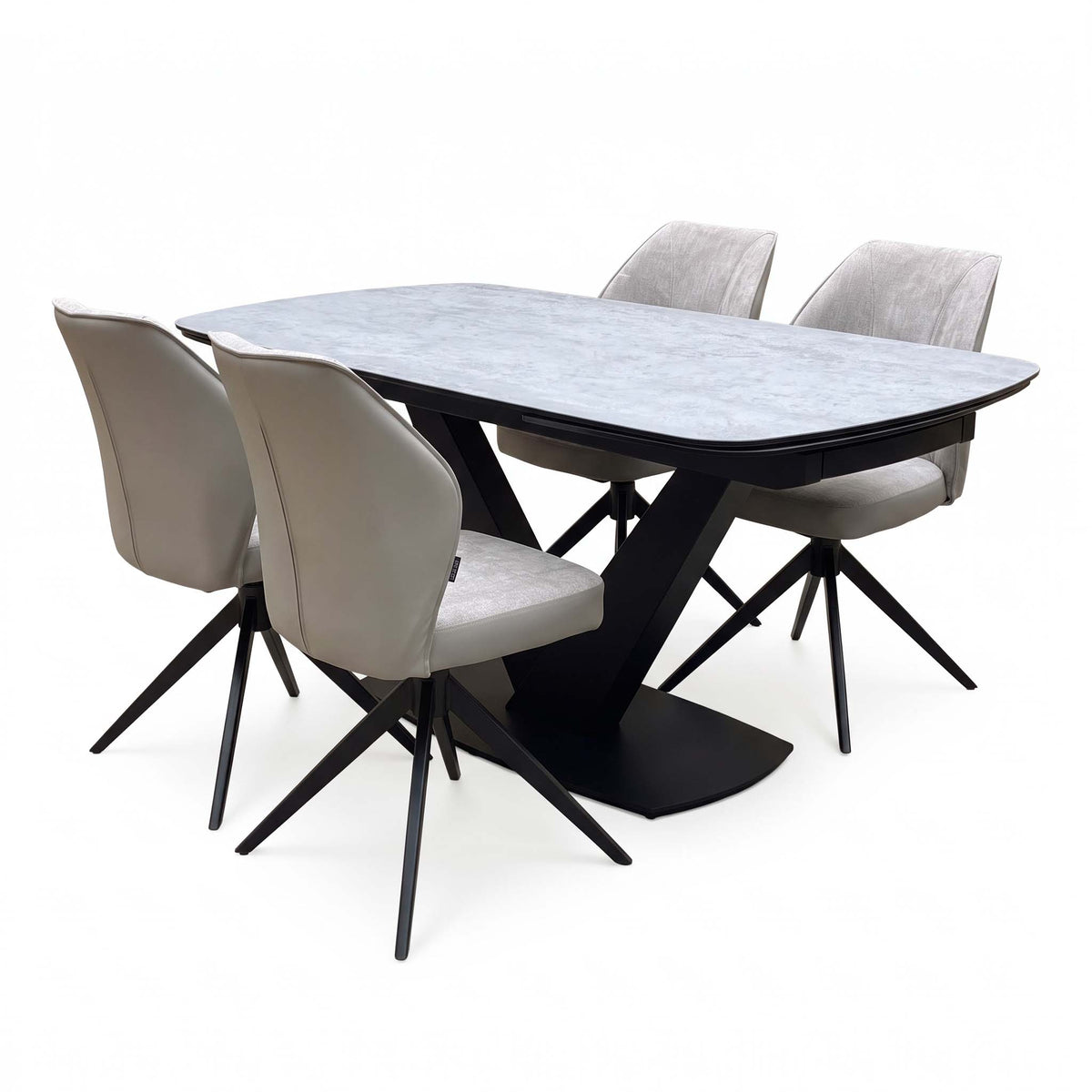 'Julio' Silver Ceramic Top 160cm Draw Leaf Extending Dining Table with Bc2 Cream Fabric Swivel Chairs x 4