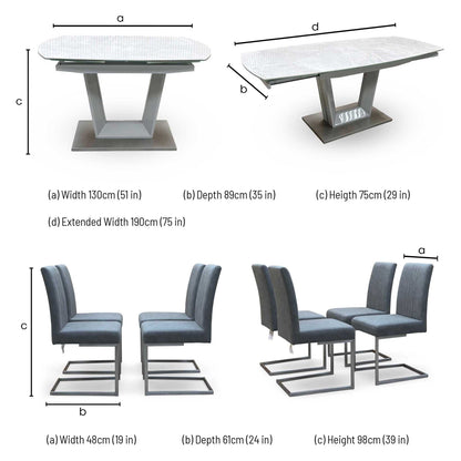 'Grigio' Ceramic Top Swivel Extending Dining Table with Grey Fabric Set of 4 Cantilever Dining Chairs