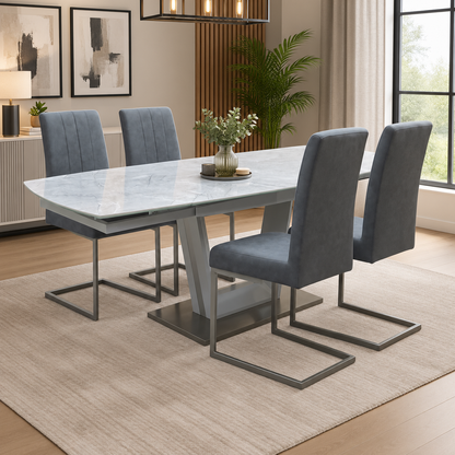'Grigio' Ceramic Top Swivel Extending Dining Table with Grey Fabric Set of 4 Cantilever Dining Chairs