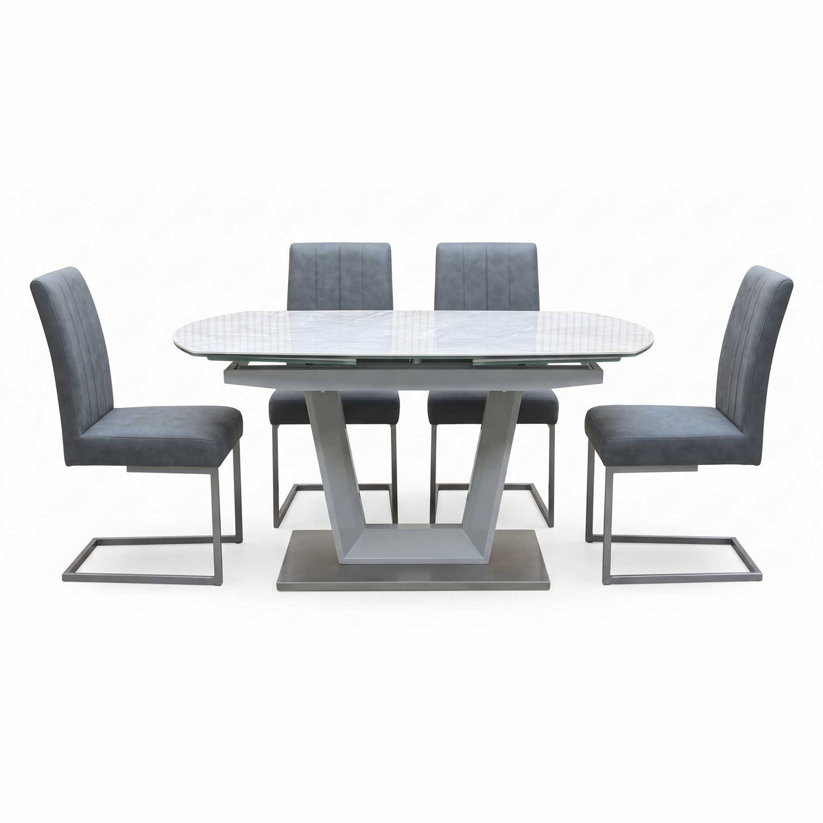 'Grigio' Ceramic Top Swivel Extending Dining Table with Grey Fabric Set of 4 Cantilever Dining Chairs