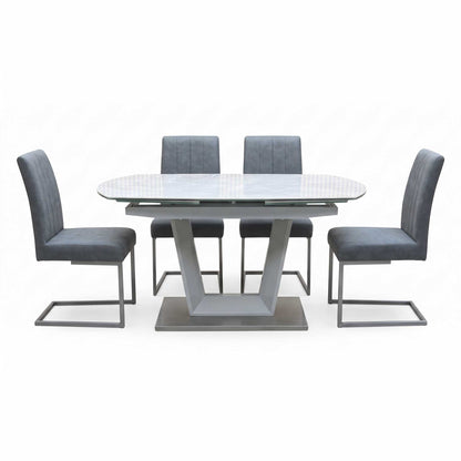 'Grigio' Ceramic Top Swivel Extending Dining Table with Grey Fabric Set of 4 Cantilever Dining Chairs