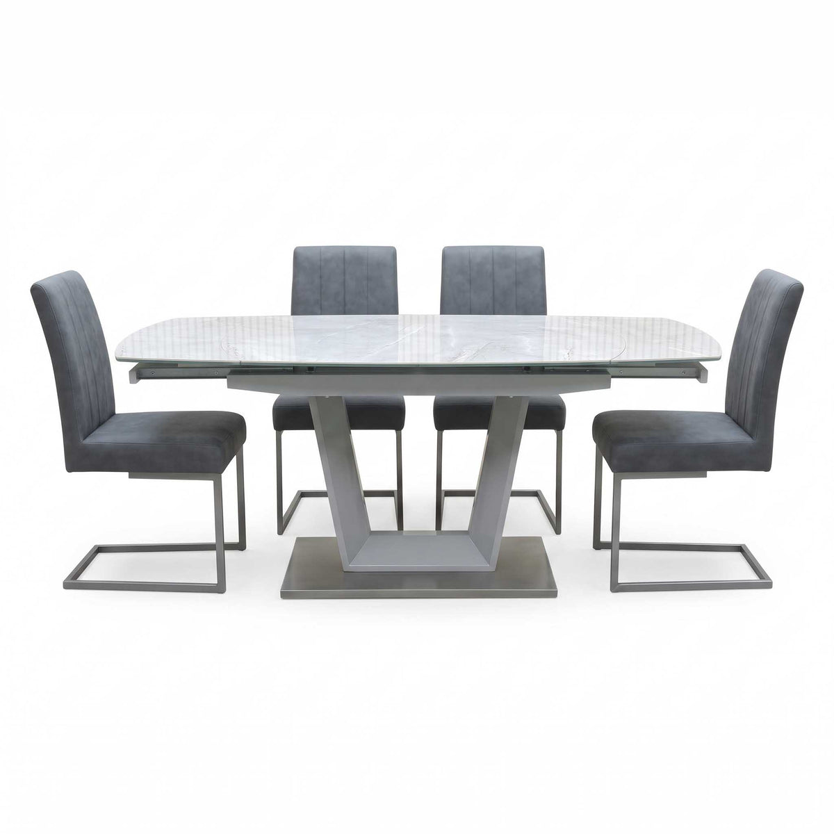 'Grigio' Ceramic Top Swivel Extending Dining Table with Grey Fabric Set of 4 Cantilever Dining Chairs