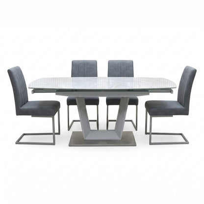 'Grigio' Ceramic Top Swivel Extending Dining Table with Grey Fabric Set of 4 Cantilever Dining Chairs