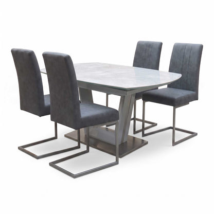 'Grigio' Ceramic Top Swivel Extending Dining Table with Grey Fabric Set of 4 Cantilever Dining Chairs