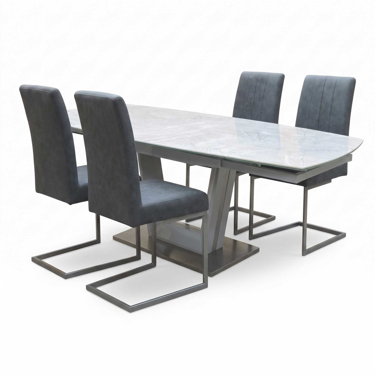 'Grigio' Ceramic Top Swivel Extending Dining Table with Grey Fabric Set of 4 Cantilever Dining Chairs