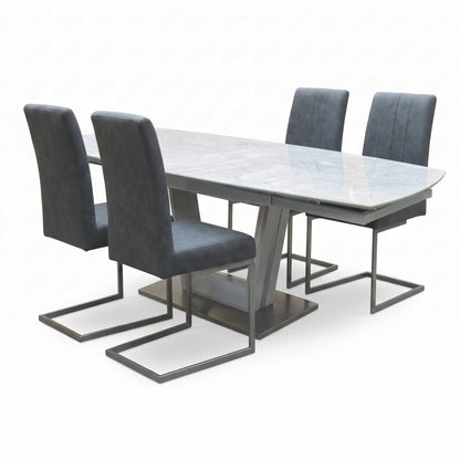 'Grigio' Ceramic Top Swivel Extending Dining Table with Grey Fabric Set of 4 Cantilever Dining Chairs