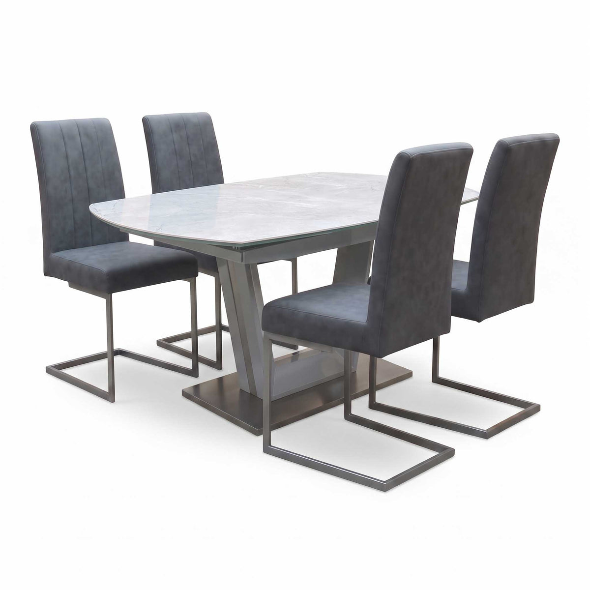 'Grigio' Ceramic Top Swivel Extending Dining Table with Grey Fabric Set of 4 Cantilever Dining Chairs