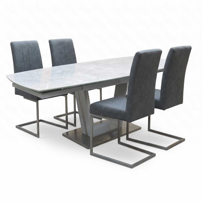 'Grigio' Ceramic Top Swivel Extending Dining Table with Grey Fabric Set of 4 Cantilever Dining Chairs