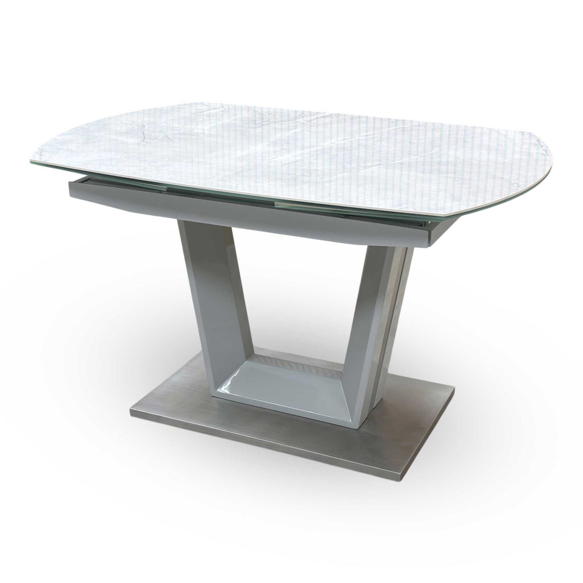 'Grigio' Ceramic Top Swivel Extending Dining Table with Grey Fabric Set of 4 Cantilever Dining Chairs