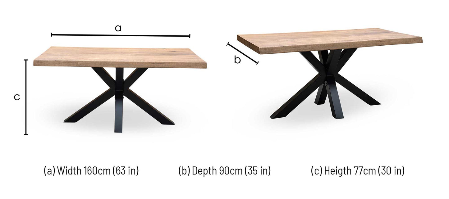 Bodahl ‘Terra’ 6 Old Bassano Solid Oak Raw Edge 160cm Dining Table with Metal Star Base