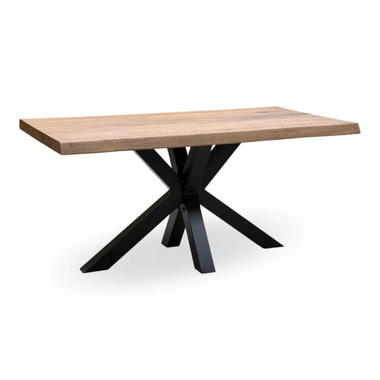 Full view ‘Bodahl Terra 6’ contemporary 160cm rectangular dining table, featuring a rustic Old Bassano solid oak wood top with a natural raw live edge and a industrial black metal star base.