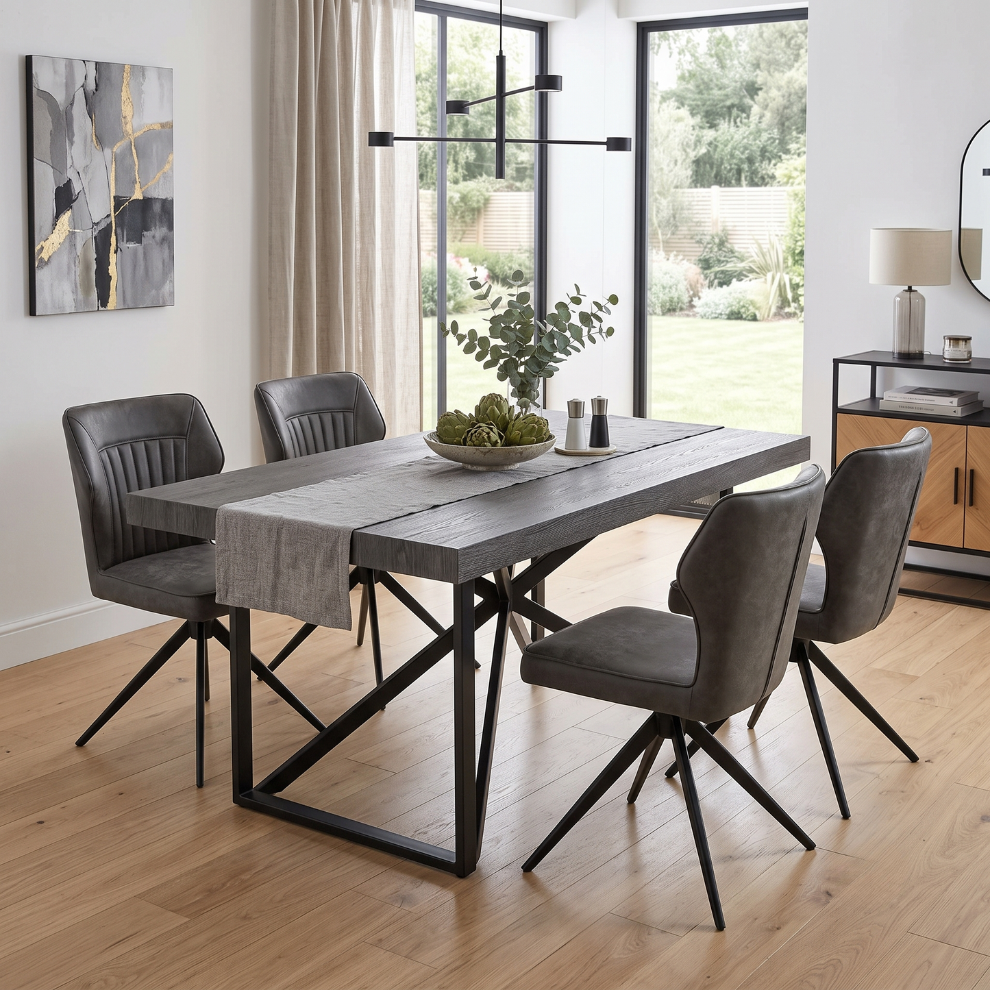 ‘Aydin’ Dark Grey Faux Leather Set of 4 Swivel Dining Chairs