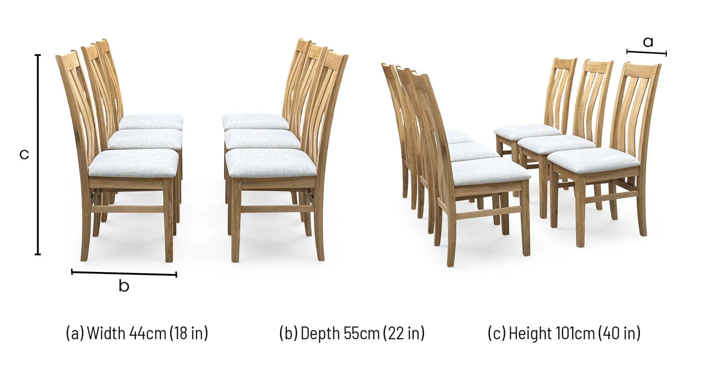 Technical dimensions blueprint and dining space planning floor footprint schematic for the ‘Furnitureland Augusta’ Clay Fabric Wooden Slatted-Back Dining Chairs (Set of 6).