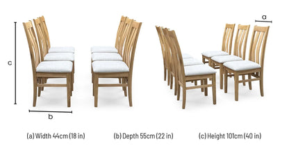 Technical dimensions blueprint and dining space planning floor footprint schematic for the ‘Furnitureland Augusta’ Clay Fabric Wooden Slatted-Back Dining Chairs (Set of 6).