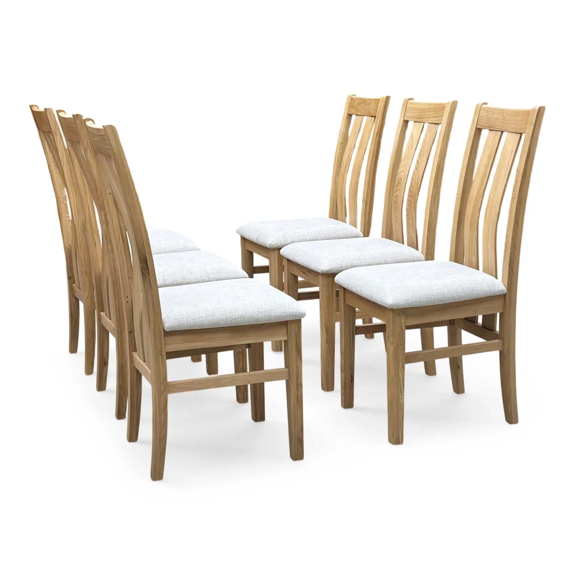 Full View ‘Furnitureland Augusta’ contemporary dining chairs, showing a matching set of 6 individual chairs featuring an elegant wooden slatted-back design and padded seats upholstered in Clay fabric.
