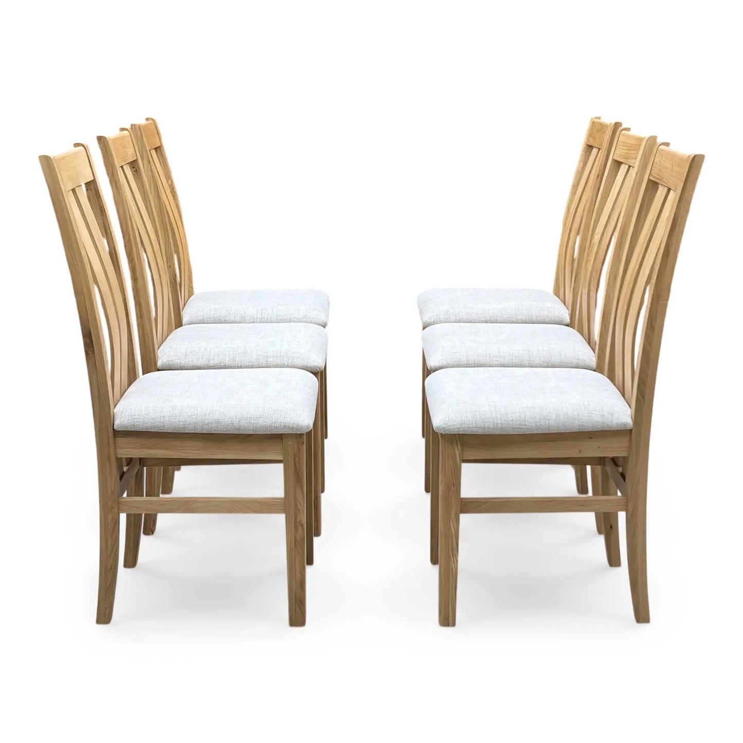 Front-facing individual view of the Augusta dining chair, showcasing its tall vertical wooden slatted backrest, neatly tailored clay fabric seat cushion, and clean symmetrical frame lines.