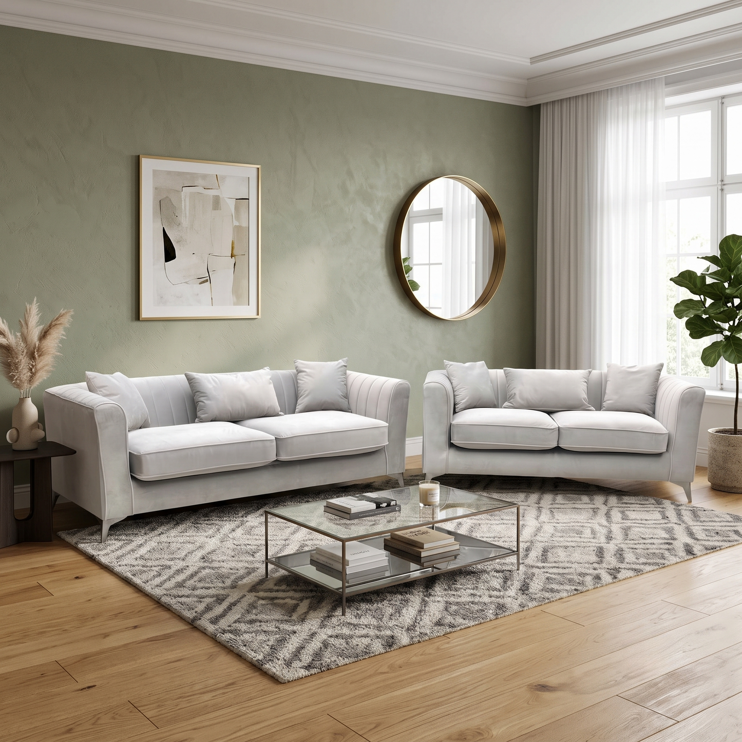 ‘Sirius’ Pebble Grey Velveteen Fabric Classic Back 3 + 2 Seater Sofa Set