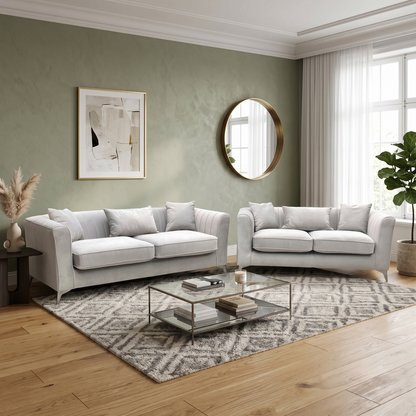 ‘Sirius’ Pebble Grey Velveteen Fabric Classic Back 3 + 2 Seater Sofa Set