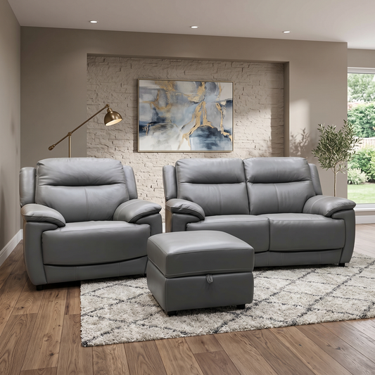 World of Leather ‘Touch’ Nc-042e Elephant Grey Leather 2 Seater Sofa + Chair + Storage Footstool Furniture Village