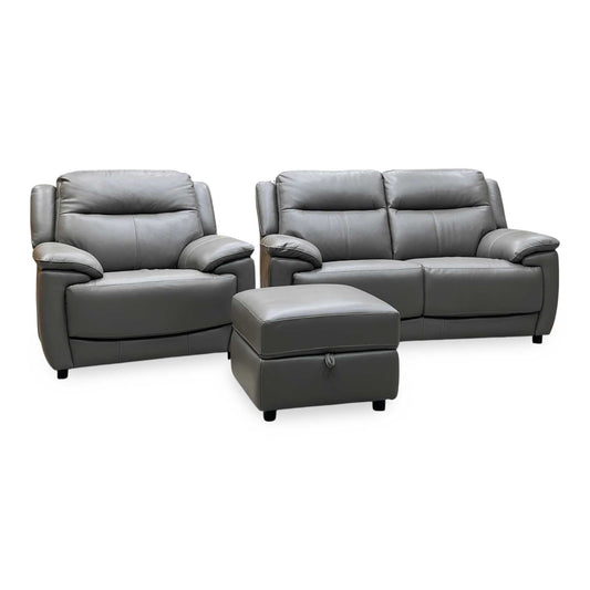 World of Leather ‘Touch’ Nc-042e Elephant Grey Leather 2 Seater Sofa + Chair + Storage Footstool Furniture Village