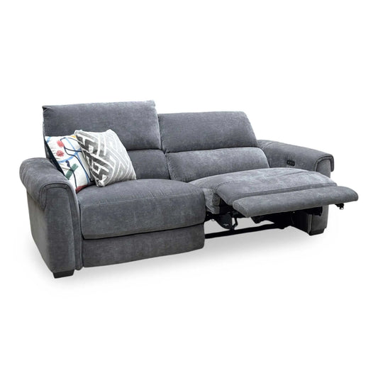 Full View ‘Nixon SFA-PEY-R08’ contemporary 3-seater power recliner sofa, beautifully upholstered in high-grade Graphite Grey fabric featuring integrated electronic reclining mechanisms.