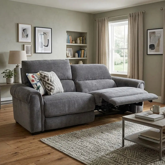 Styled upscale contemporary living room lifestyle layout featuring the Nixon graphite grey fabric 3-seater power recliner sofa arranged as a luxurious, high-tech family entertainment centerpiece.