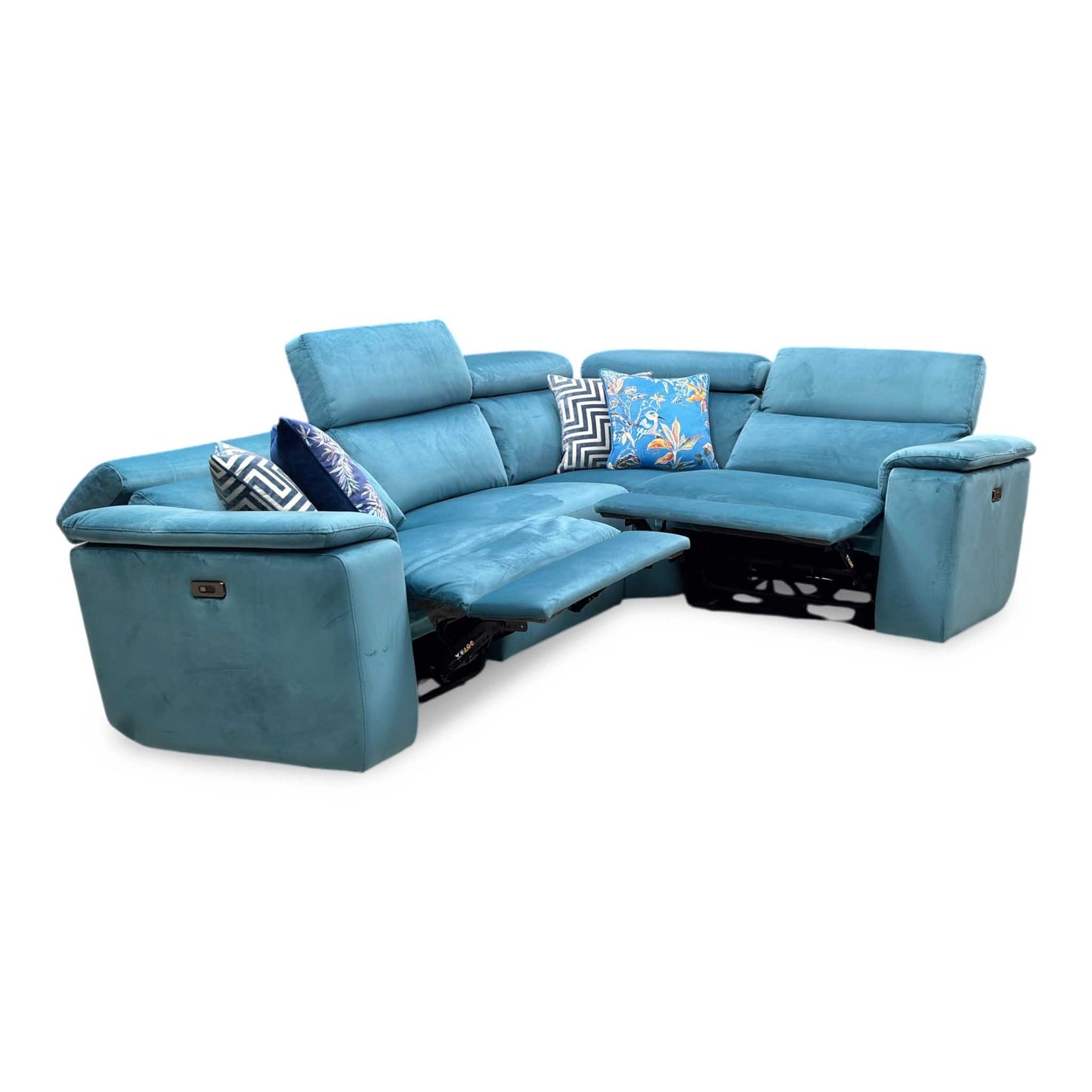 Nicoletti ‘Davide’ Teal Fabric Small Power Recliner Corner Sofa